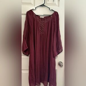 Boho Crochet-Trim Tunic Dress - Burgundy
